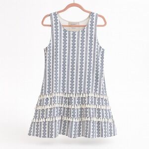 Bohemian Tassel Dress Sleeveless White Blue Patterned Casual Mini‎